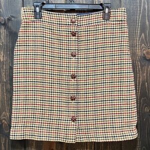 Talbots Wool Blend Houndstooth Plaid Skirt 6 Button Front Tan Academia Preppy